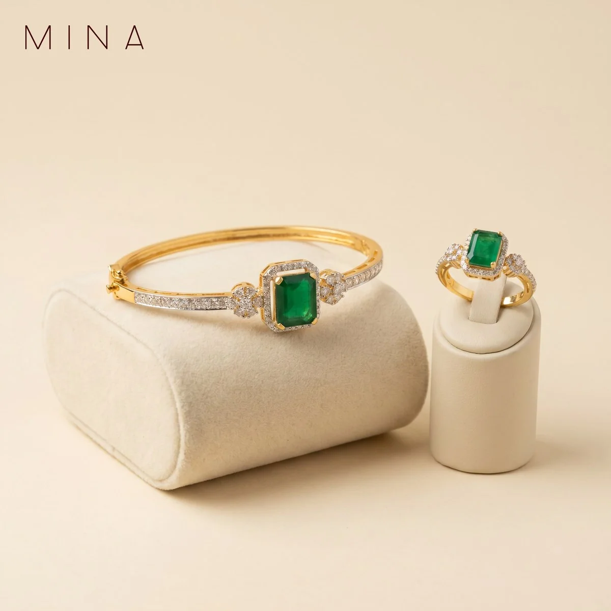 Emerald Solitaire Bangle & Ring, view 1 — House of Mina