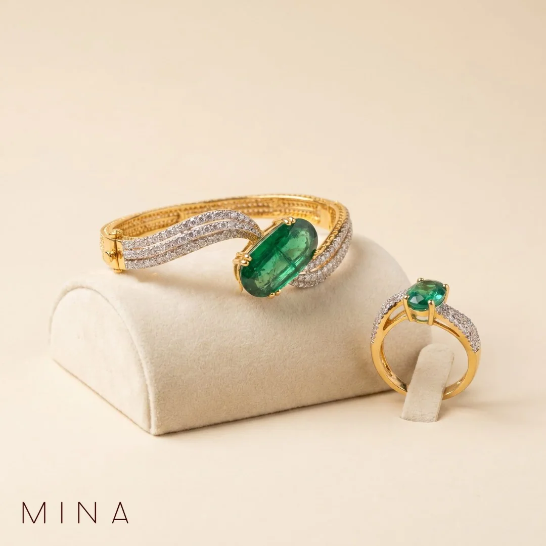 Emerald Cabochon Bangle & Ring, view 1 — House of Mina