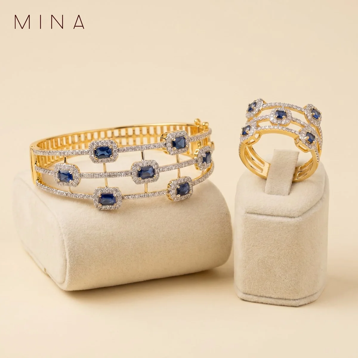 Sapphire Spaced Bangle & Ring, view 1 — House of Mina