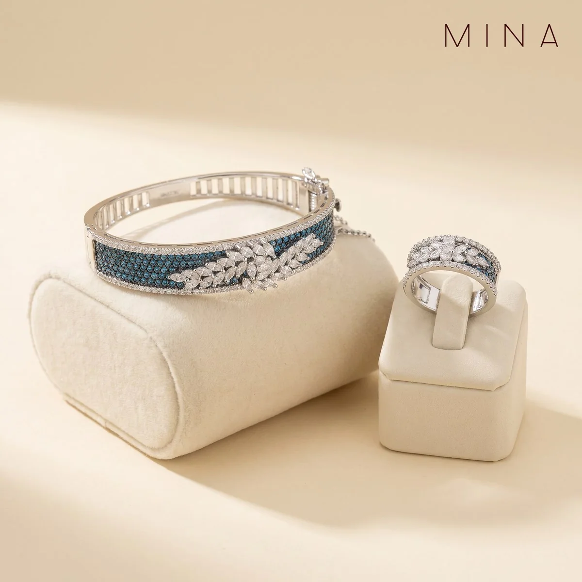 Sapphire Leaf Bangle & Ring, view 1 — House of Mina