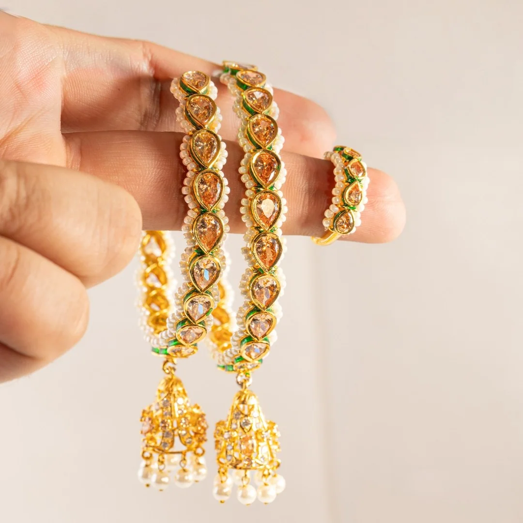 Citrine and Pearl Jhumki Bangles & Ring, view 1 — House of Mina