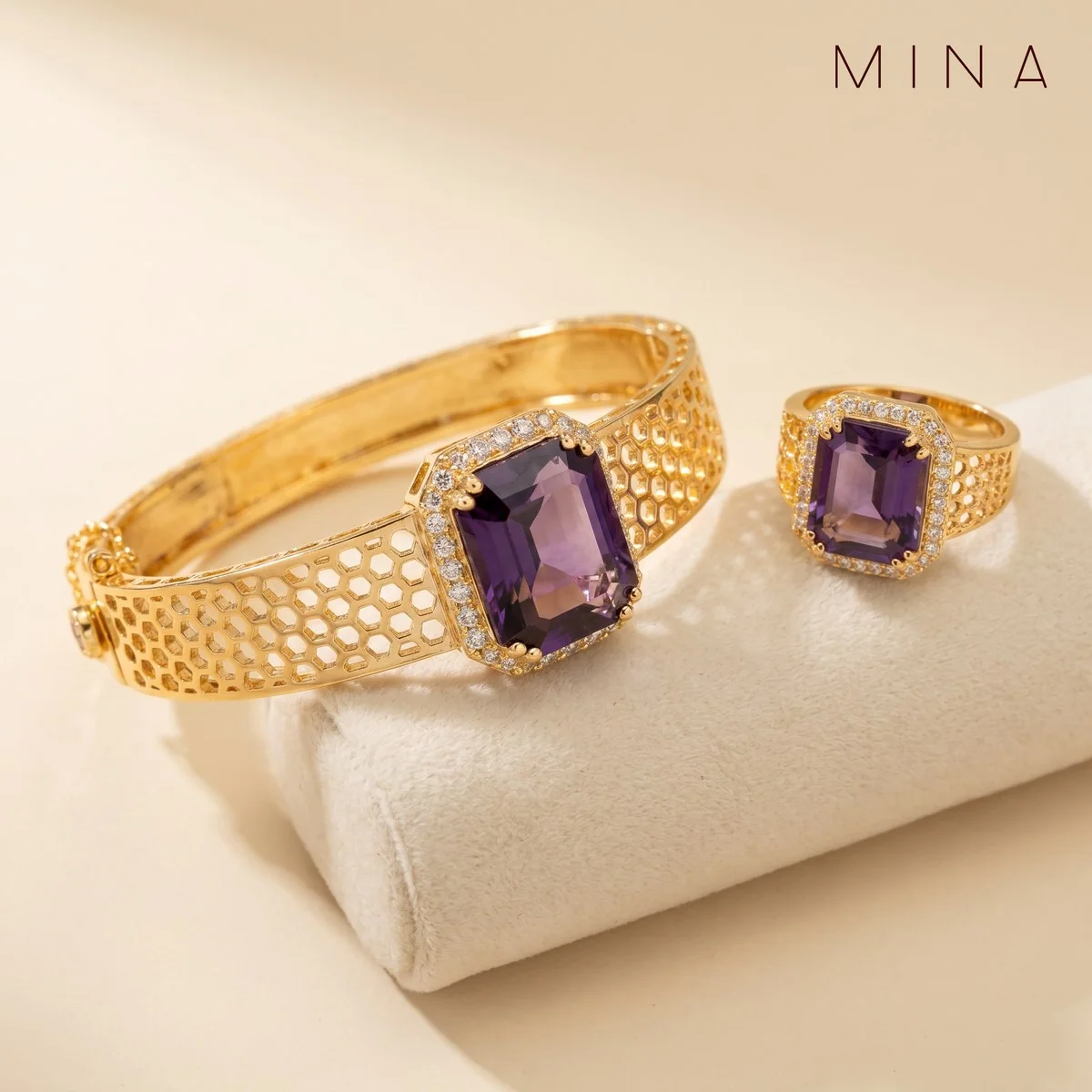 Amethyst Woven Bangle & Ring, view 1 — House of Mina