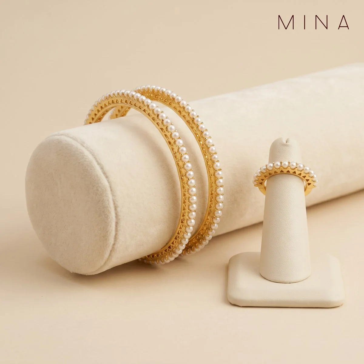 Pearl-Beaded Bangle & Ring, view 1 — House of Mina