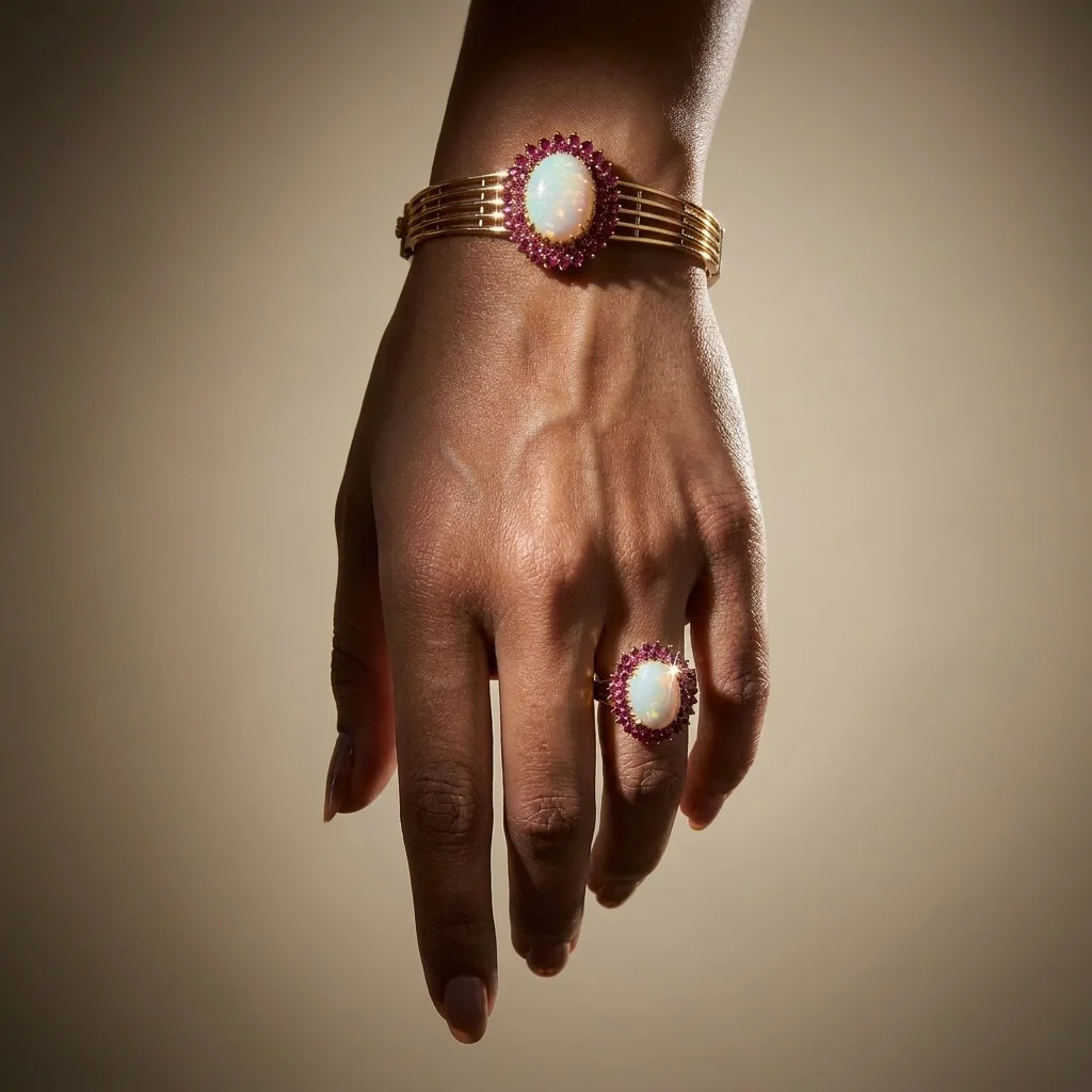 Opal and Ruby Bangle & Ring, view 1 — House of Mina