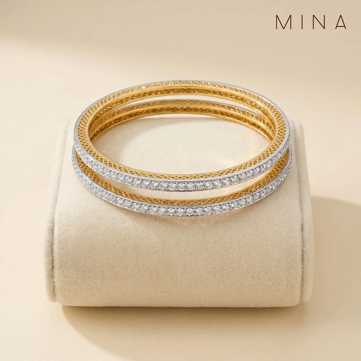 Gold and Rhodium Pavé Bangle Pair, view 1 — House of Mina