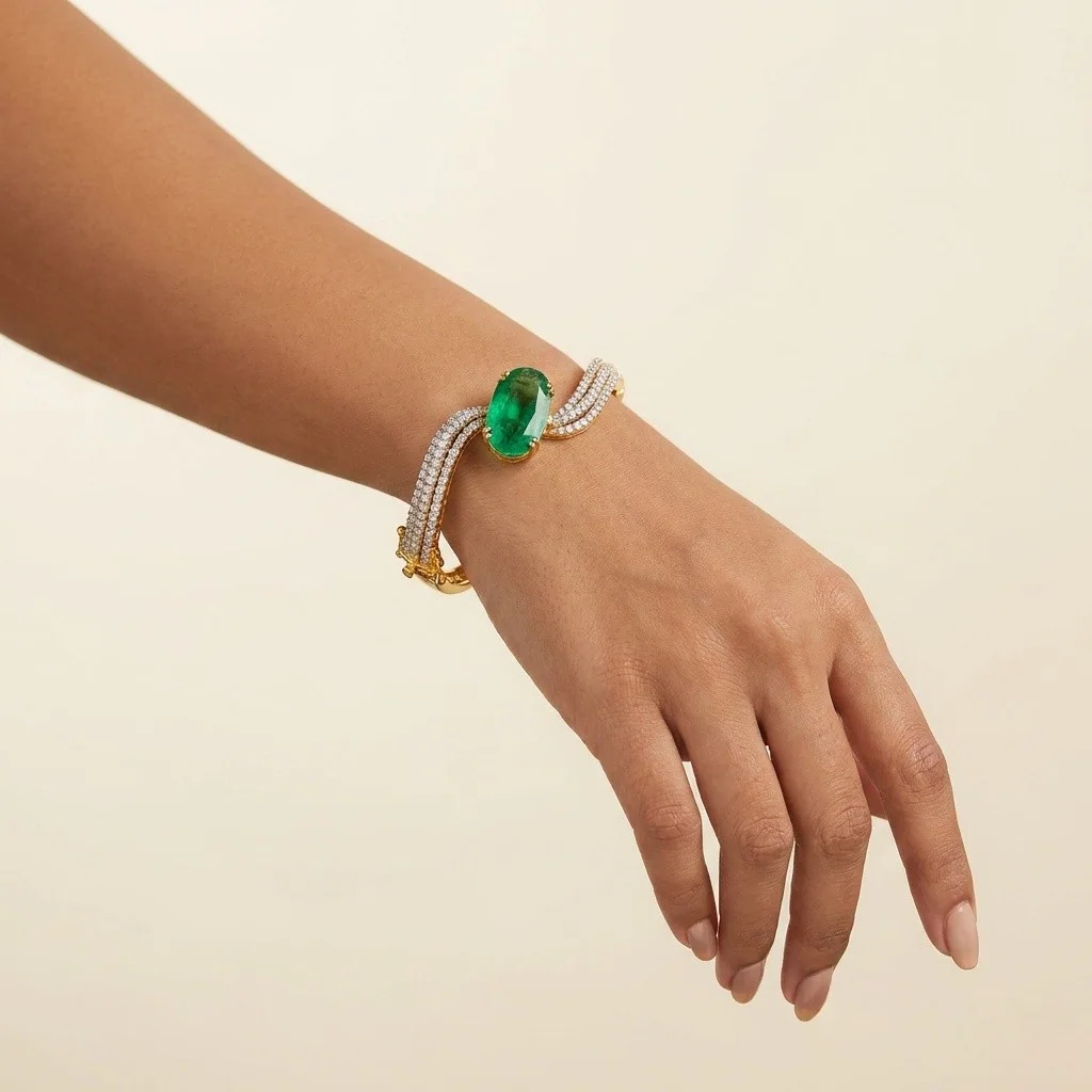 Emerald Open Bangle, view 1 — House of Mina