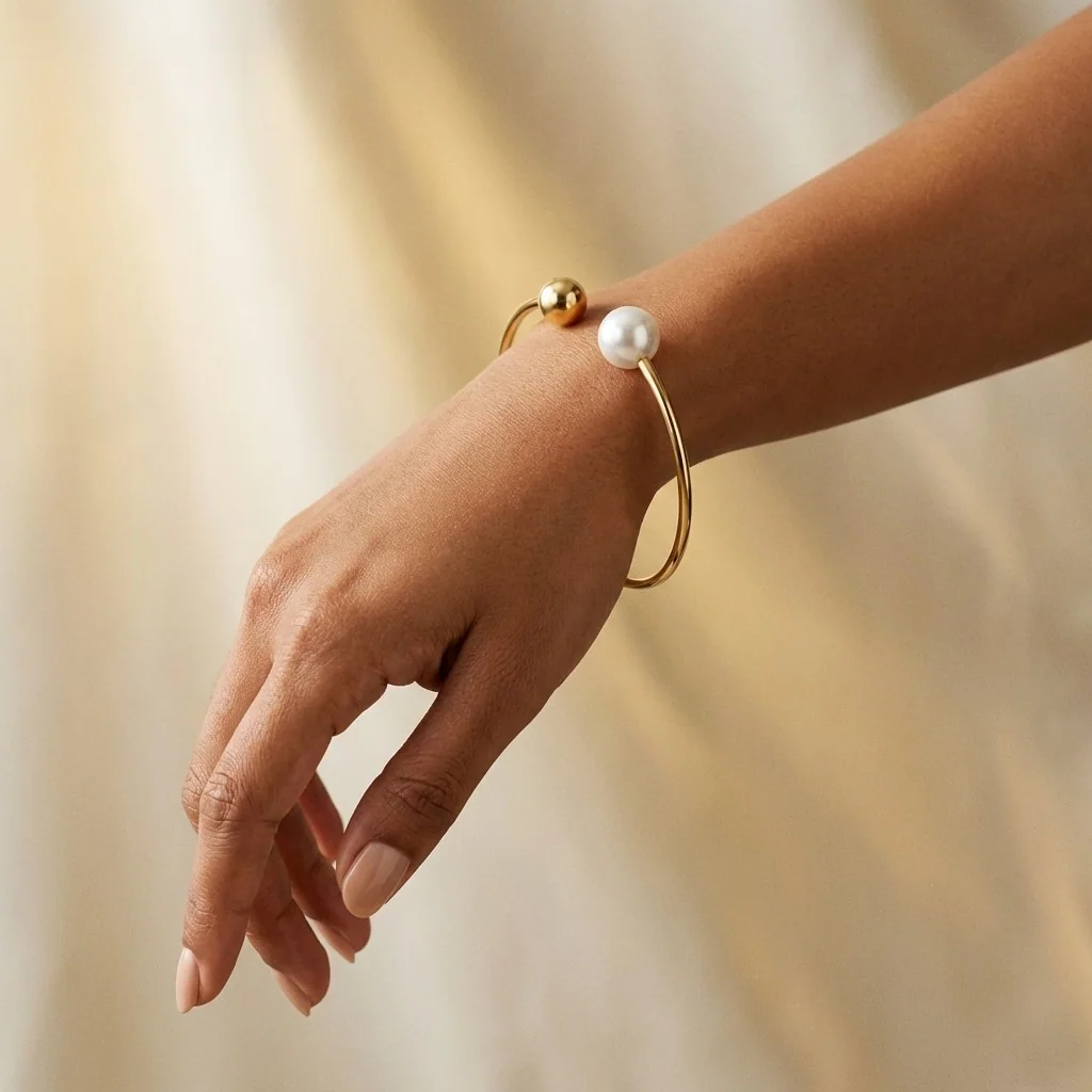 Twin Pearl Open Bangle, view 2 — House of Mina
