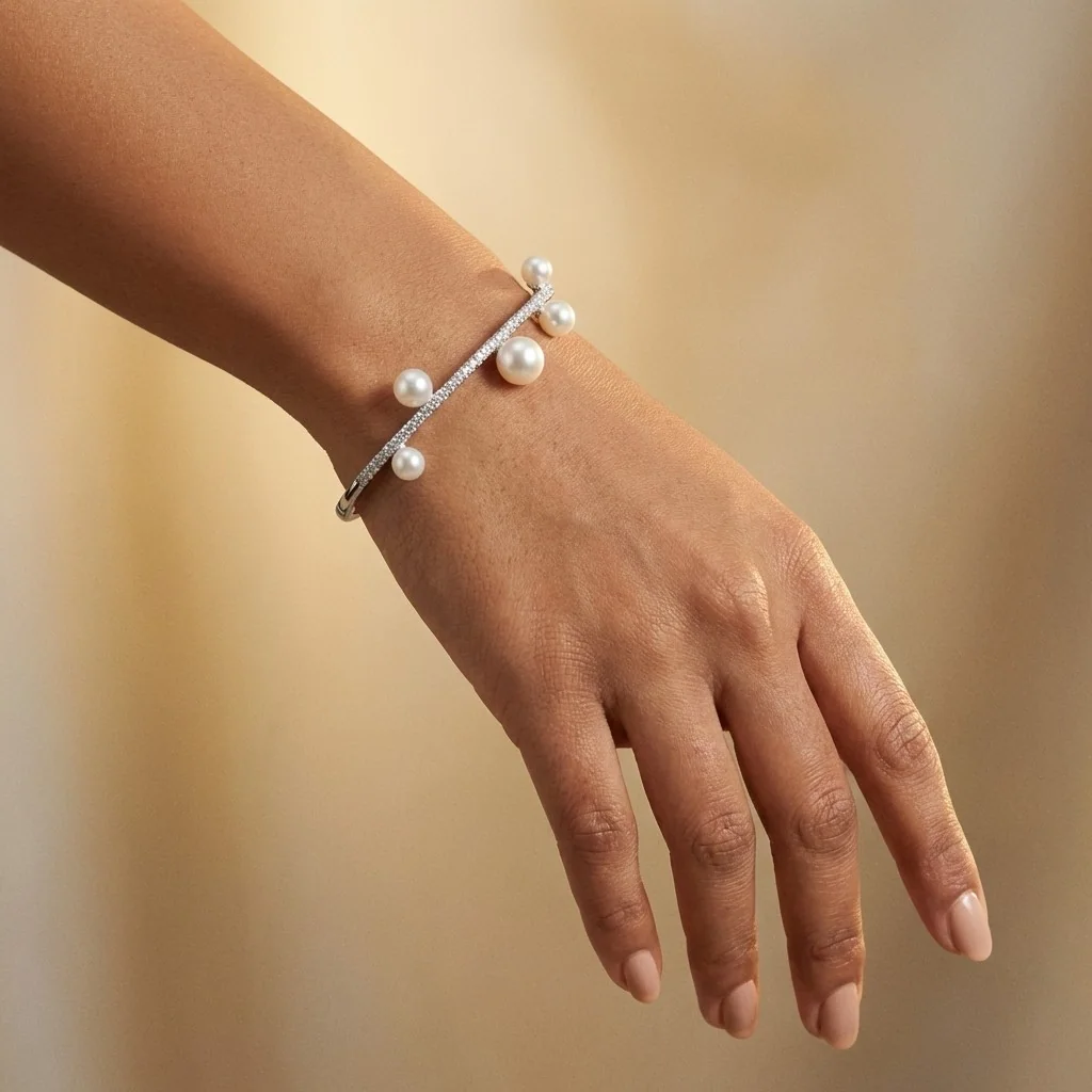 Silver Pearl Open Bangle, view 1 — House of Mina