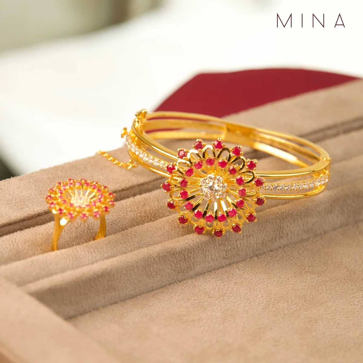 Ruby Flower Bracelet & Ring, view 1 — House of Mina