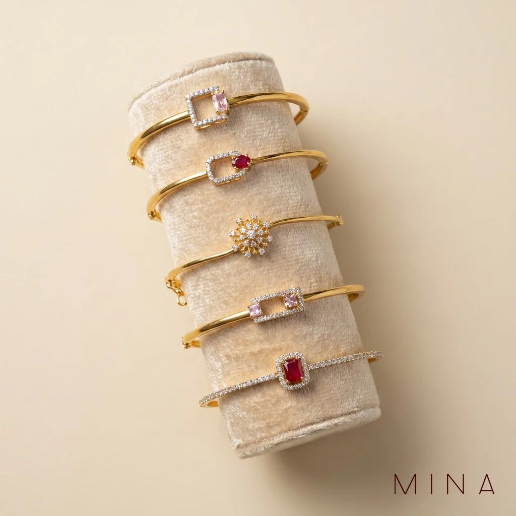 Fine Stacking Bangles in Pink and Ruby, view 1 — House of Mina
