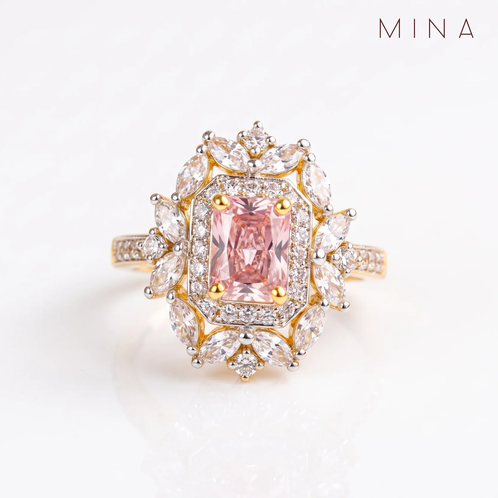 Pink Cushion Floral Halo Ring, view 1 — House of Mina