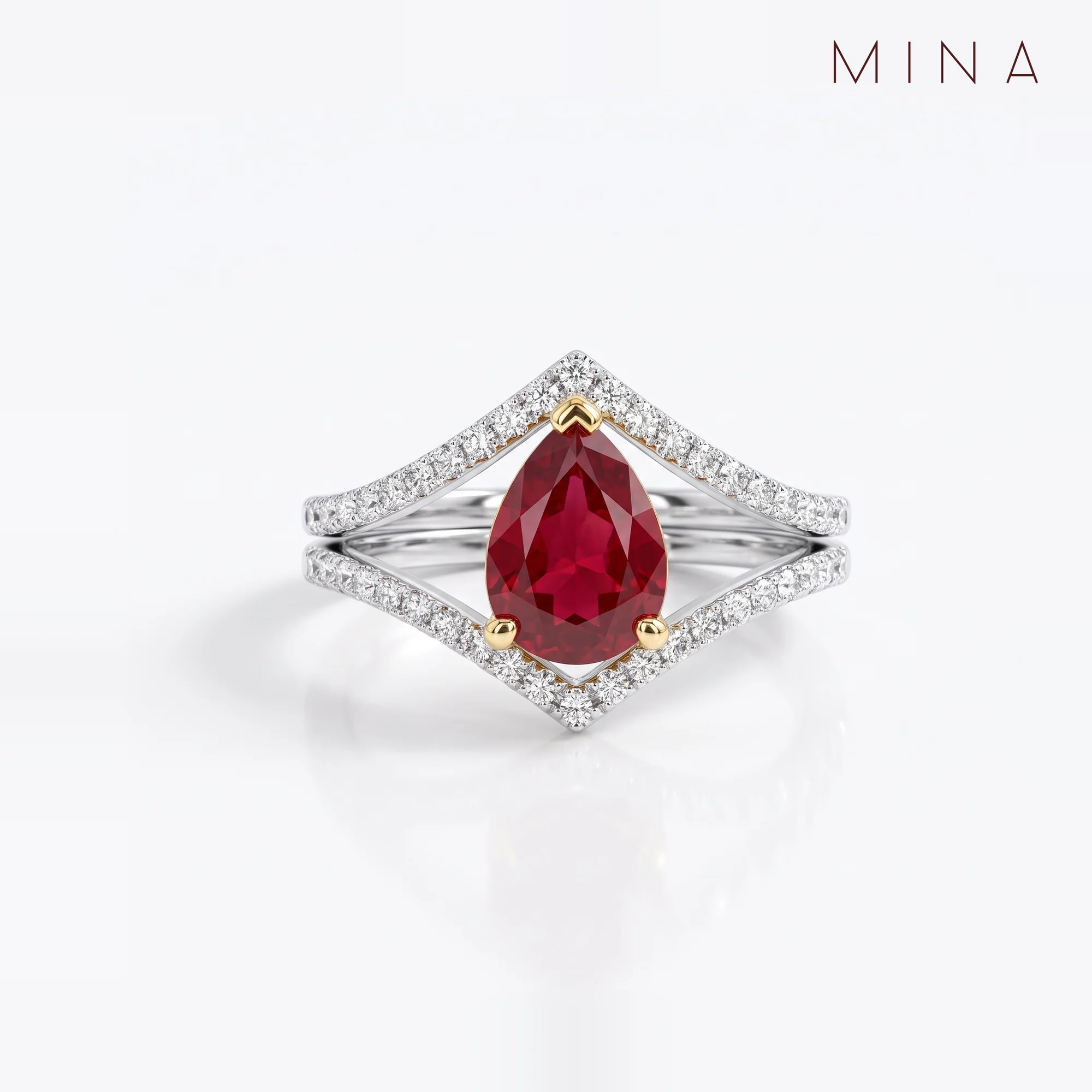 Ruby Pear Chevron Ring, view 1 — House of Mina