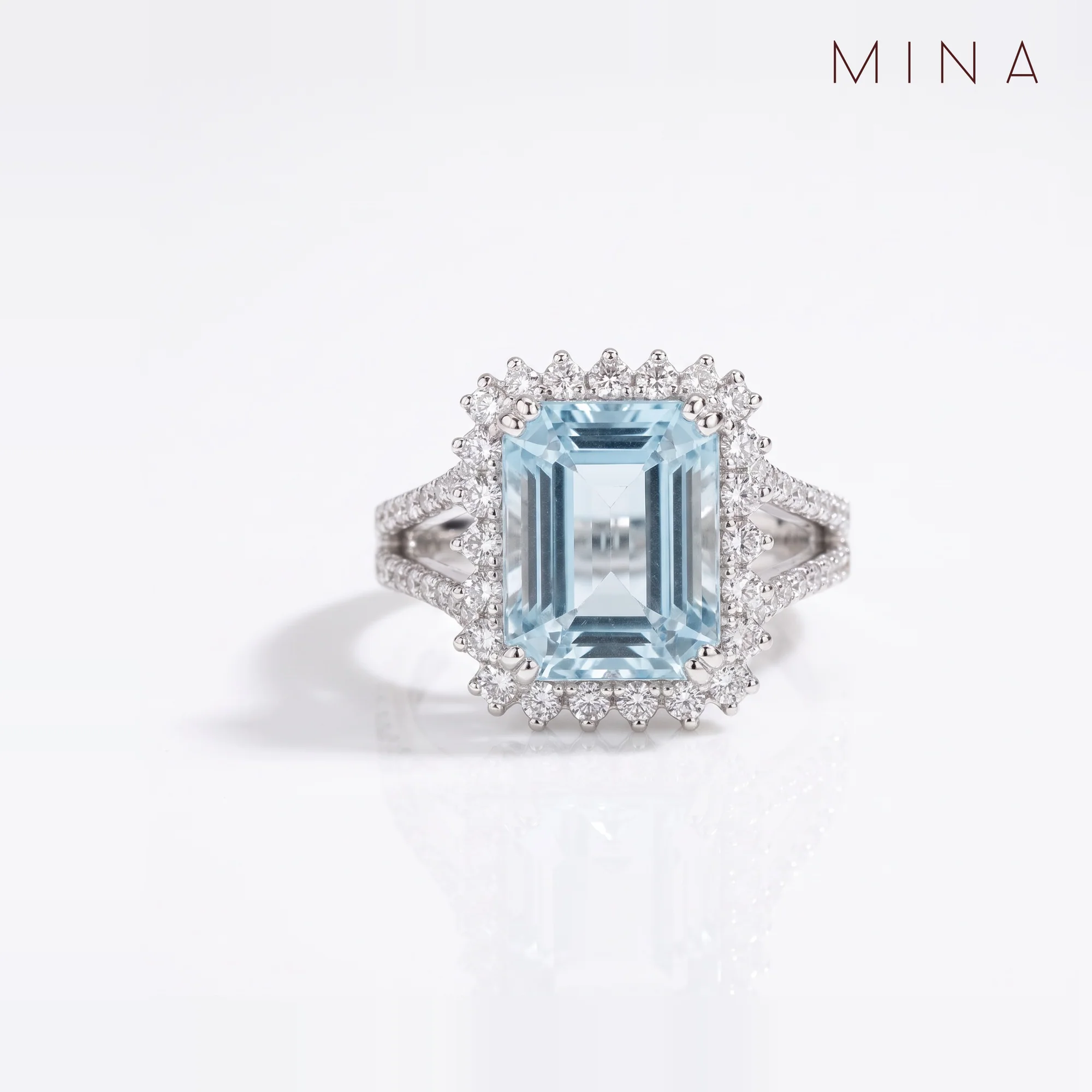 Aqua Emerald-Cut Split-Shank Ring, view 1 — House of Mina