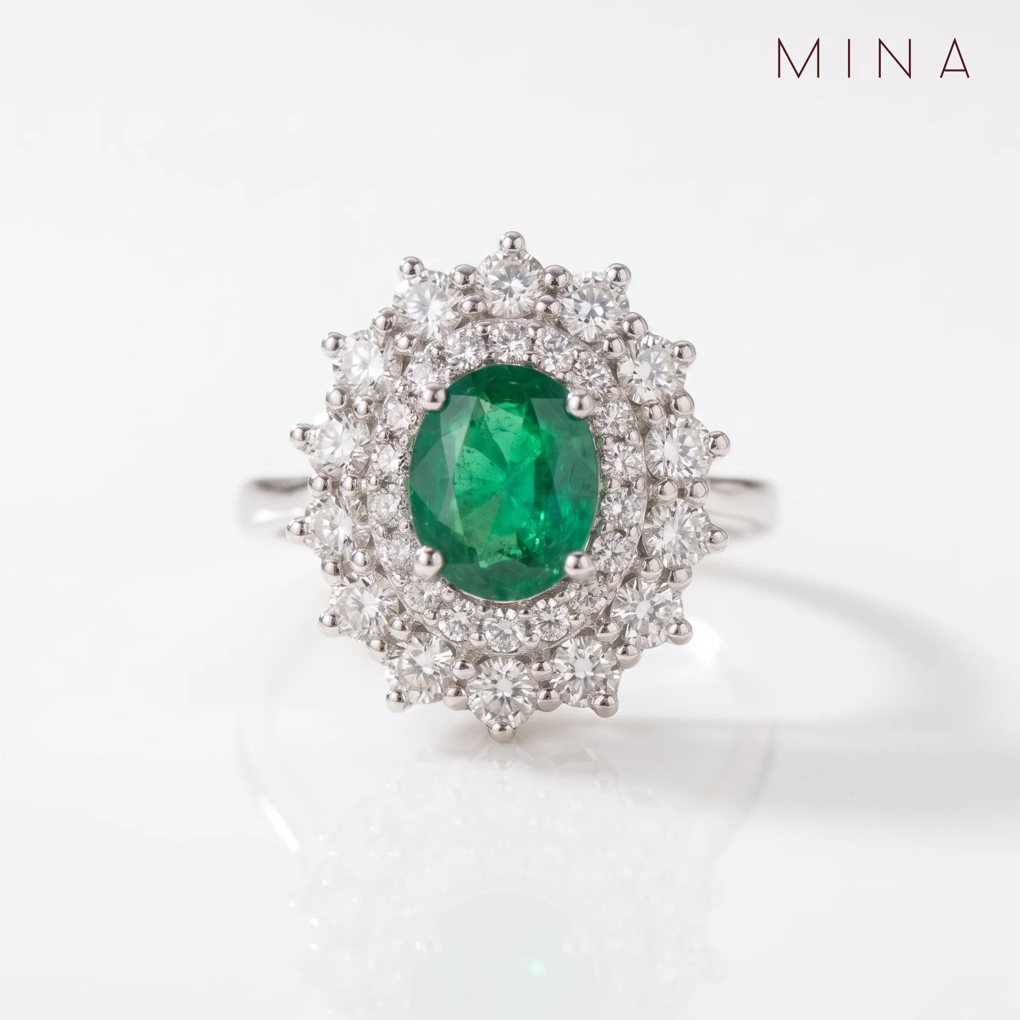 Emerald Oval Blossom Halo Ring, view 1 — House of Mina