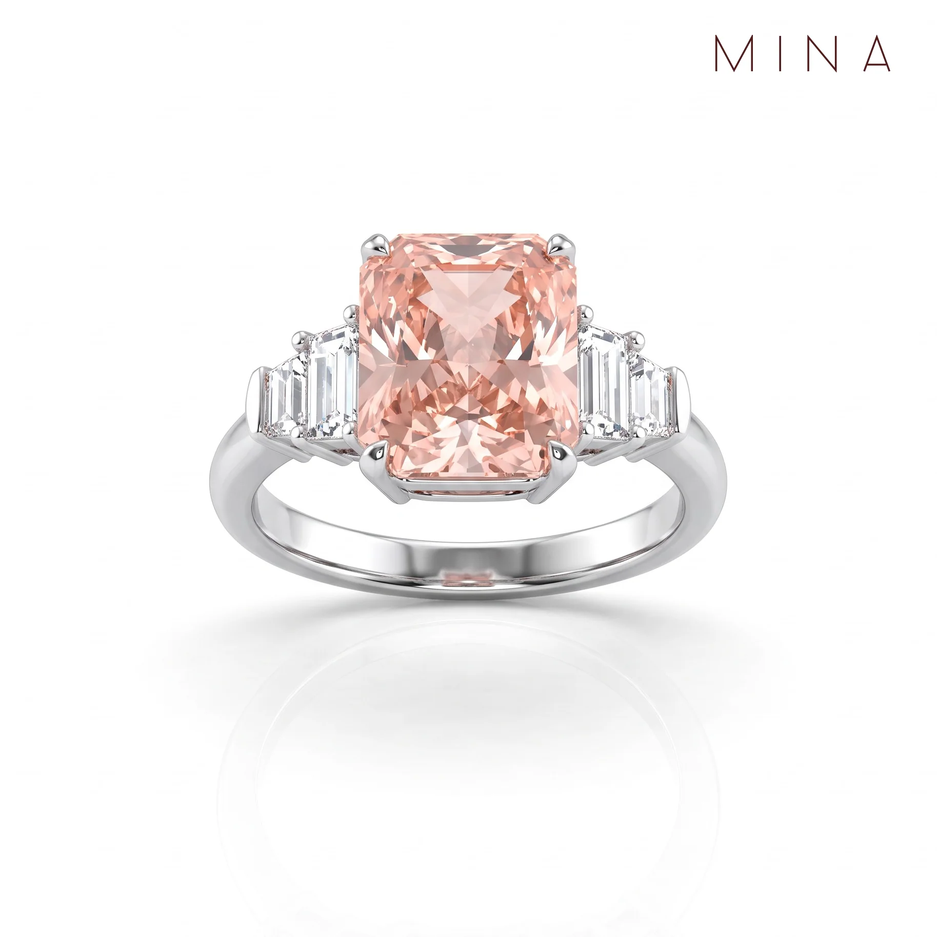 Peach Radiant Baguette Ring, view 1 — House of Mina