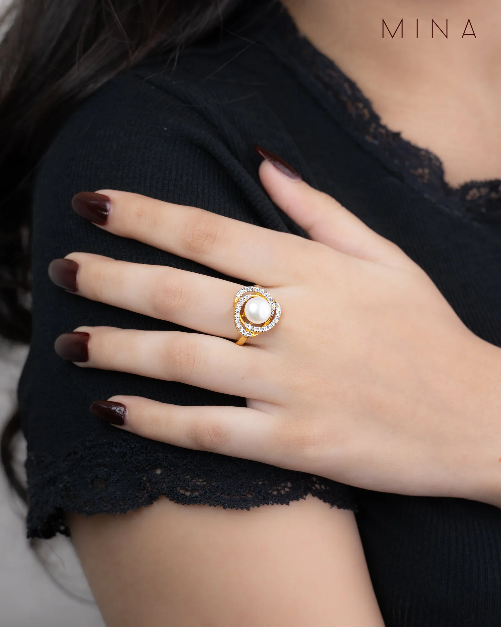 Luna Pearl Halo Ring, view 3 — House of Mina