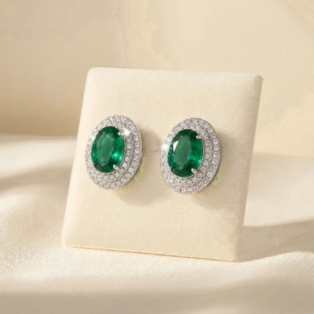 Minerva Emerald Double-Halo Studs, view 3 — House of Mina