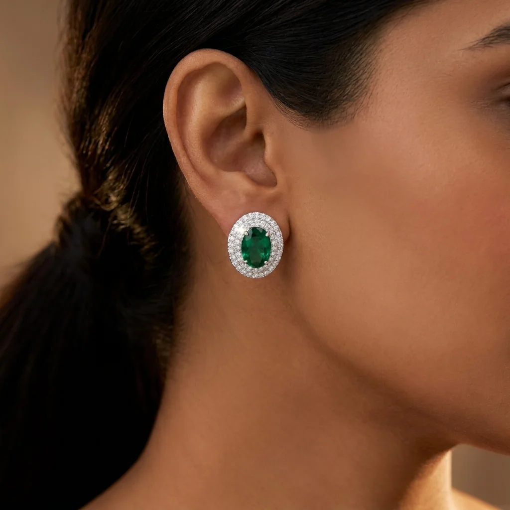 Minerva Emerald Double-Halo Studs, view 4 — House of Mina
