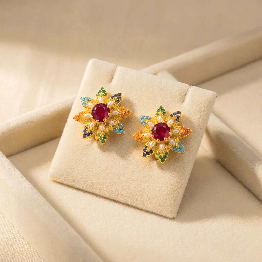 Naurattan Floral Studs, view 2 — House of Mina