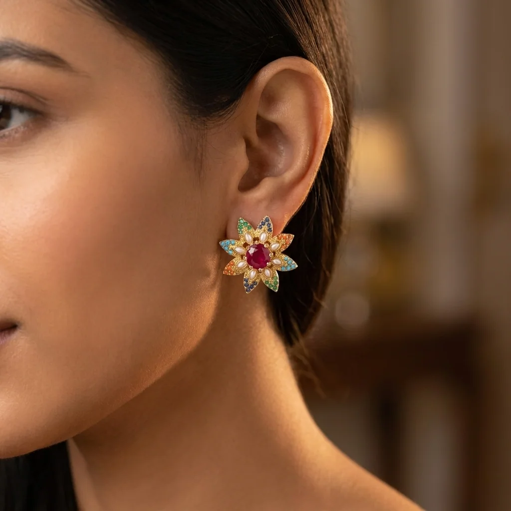 Naurattan Floral Studs, view 3 — House of Mina