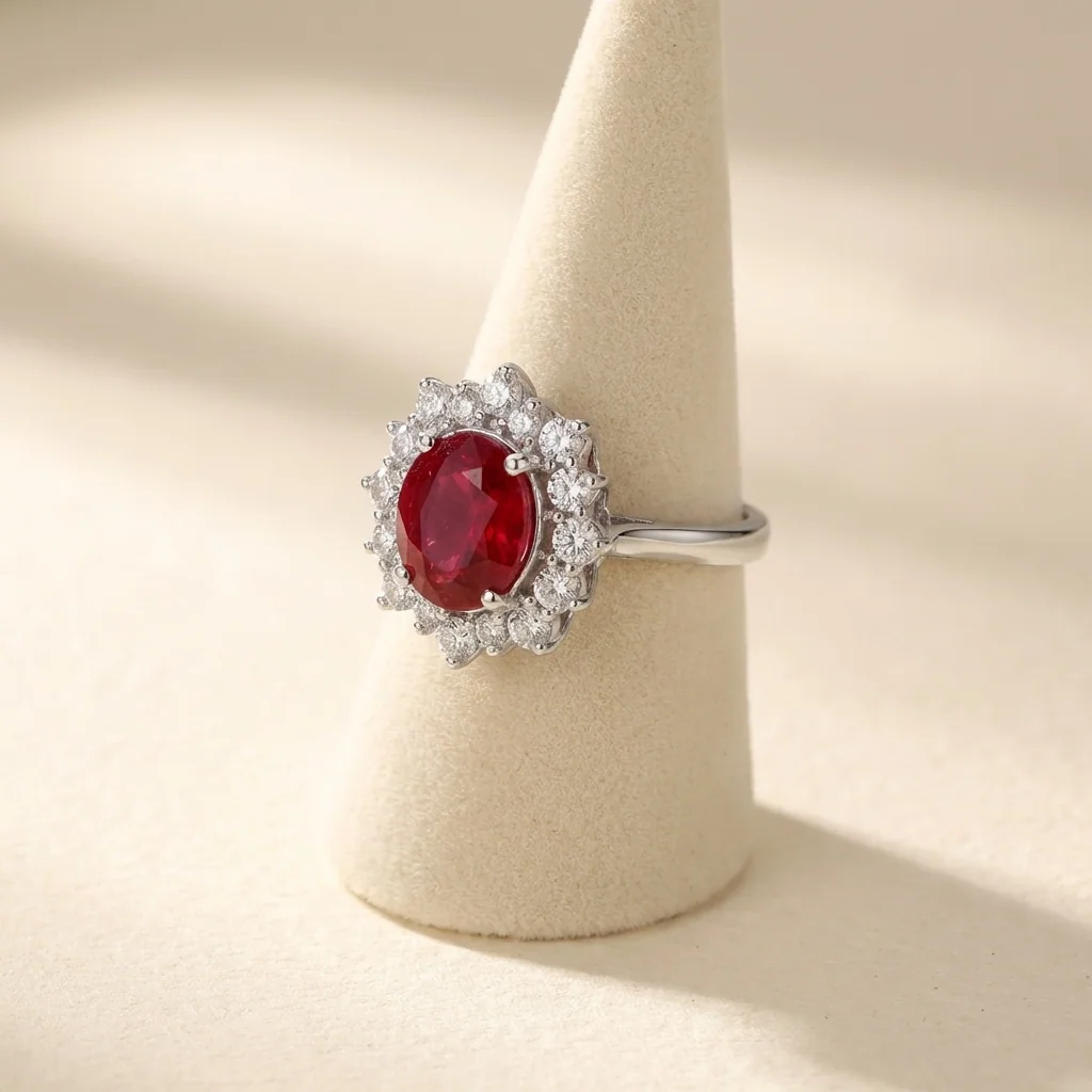 Ruby Sunburst Halo Ring, view 3 — House of Mina