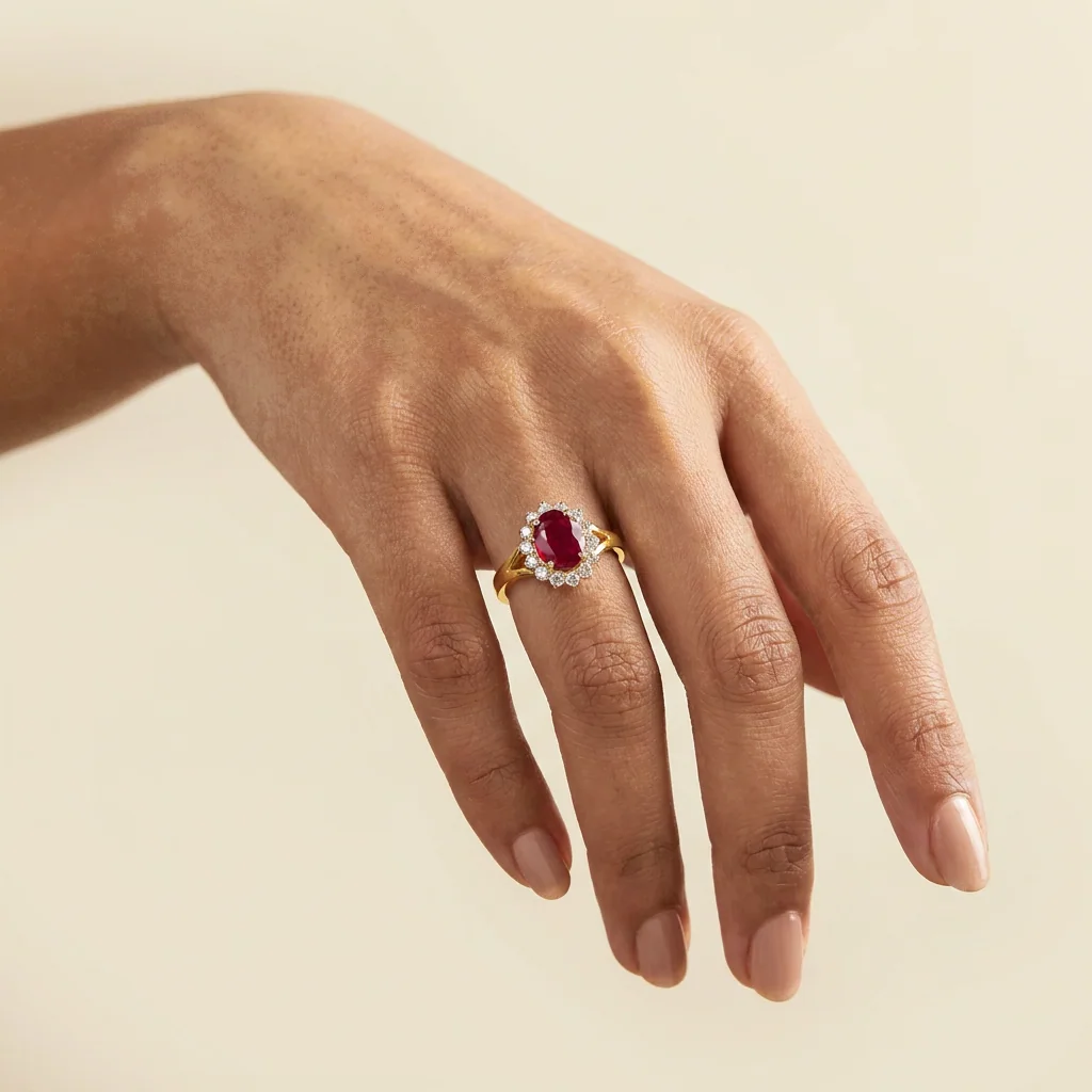 Oval Ruby Halo Ring, view 3 — House of Mina