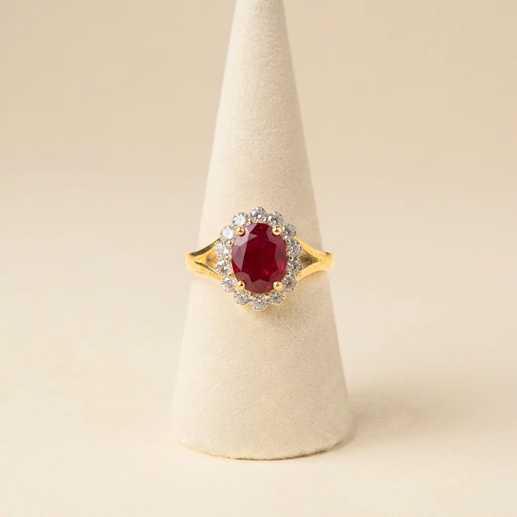 Oval Ruby Halo Ring, view 4 — House of Mina