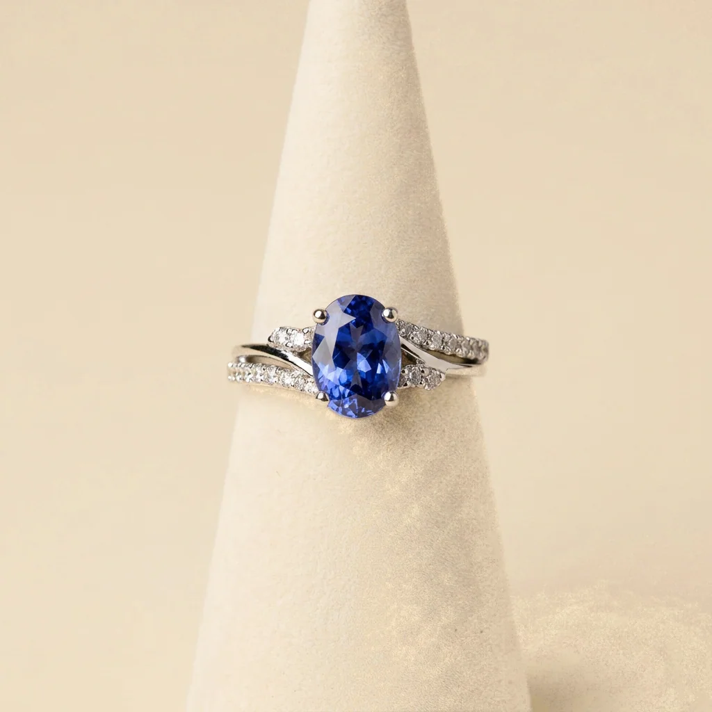 Oval Sapphire Pavé Ring, view 3 — House of Mina