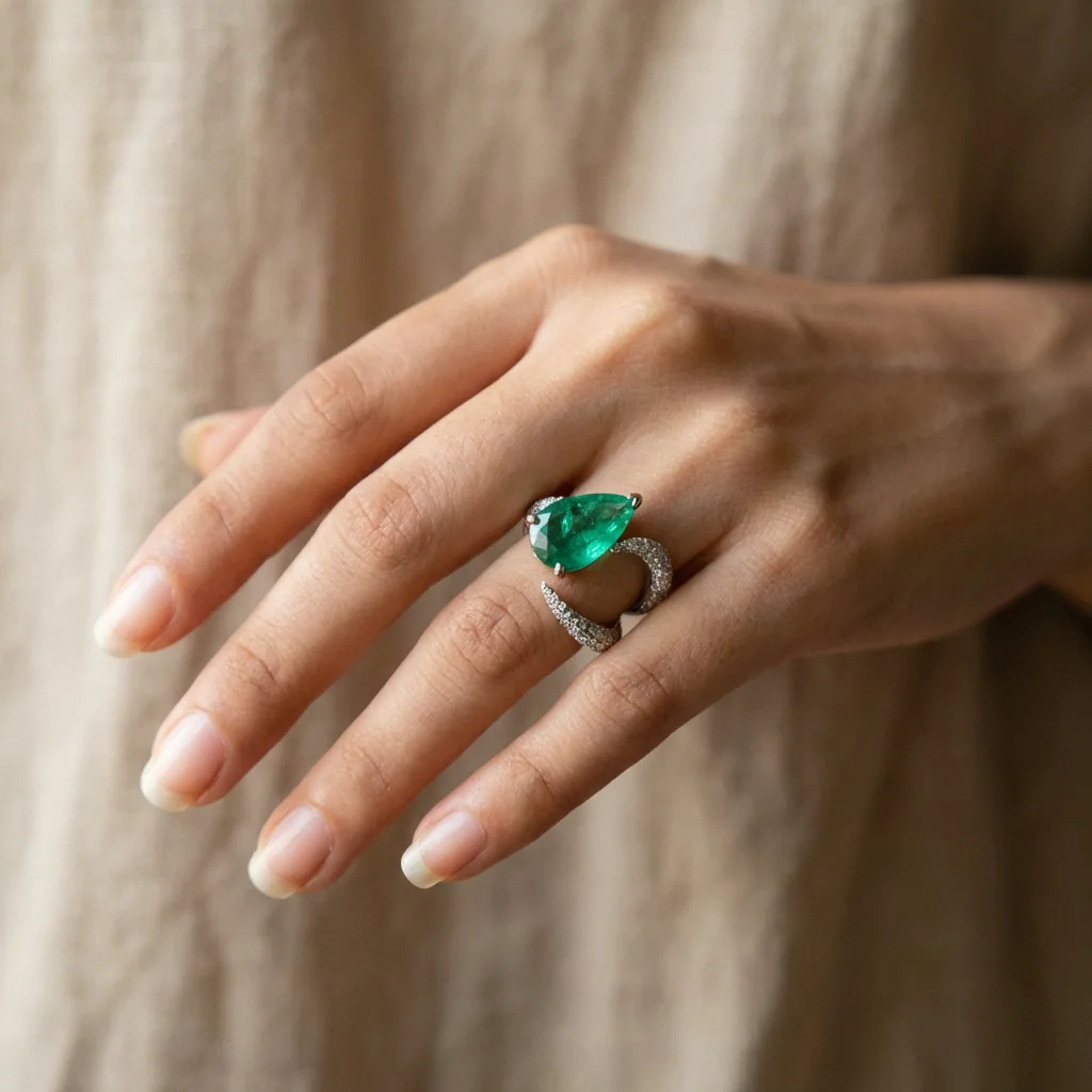Pear Emerald Pavé Ring, view 1 — House of Mina