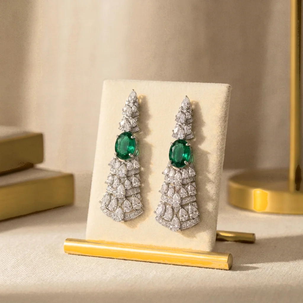Emerald Tiered Chandelier Earrings, view 2 — House of Mina