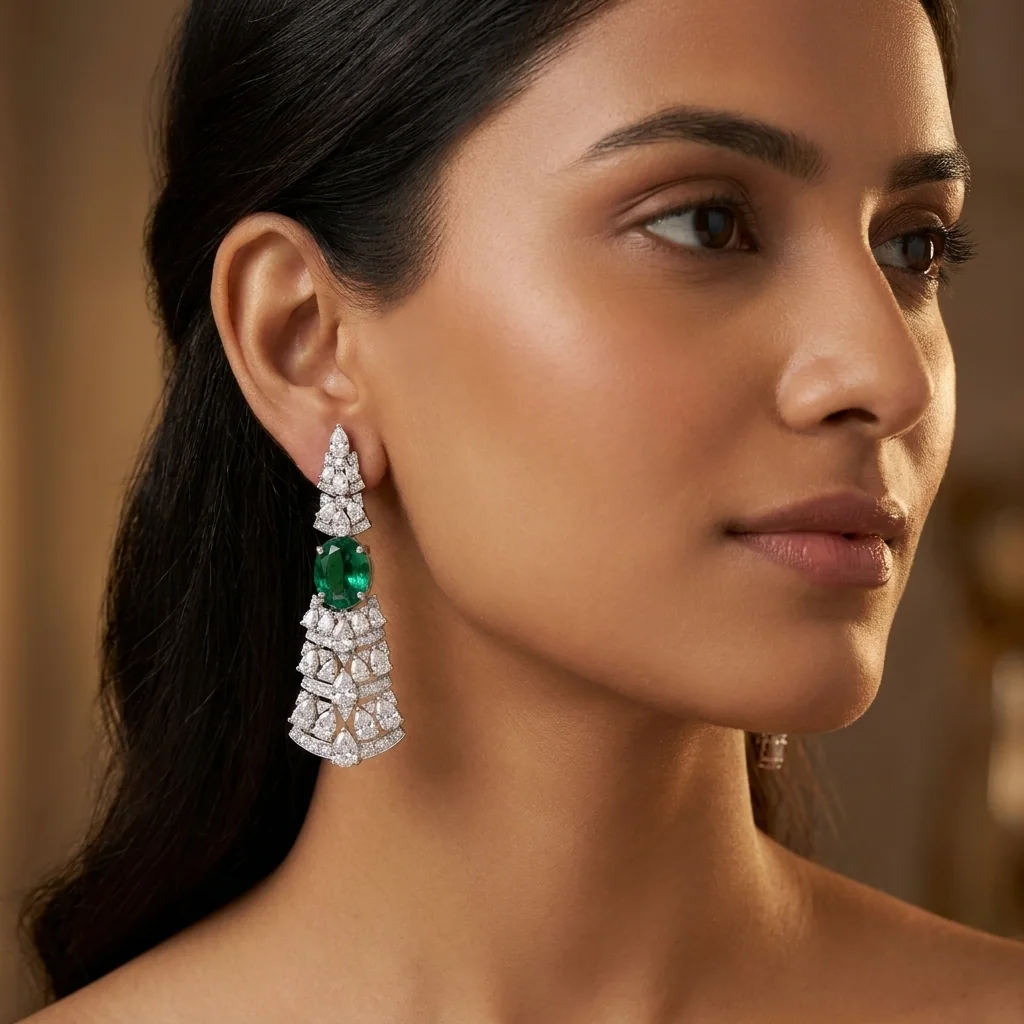 Emerald Tiered Chandelier Earrings, view 3 — House of Mina