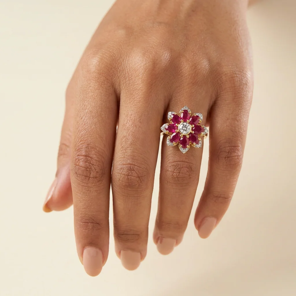 Ruby Floral Cluster Ring — on hand