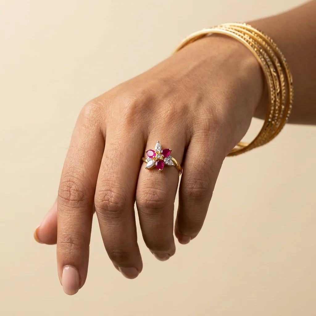 Ruby Petal Cluster Ring — on hand