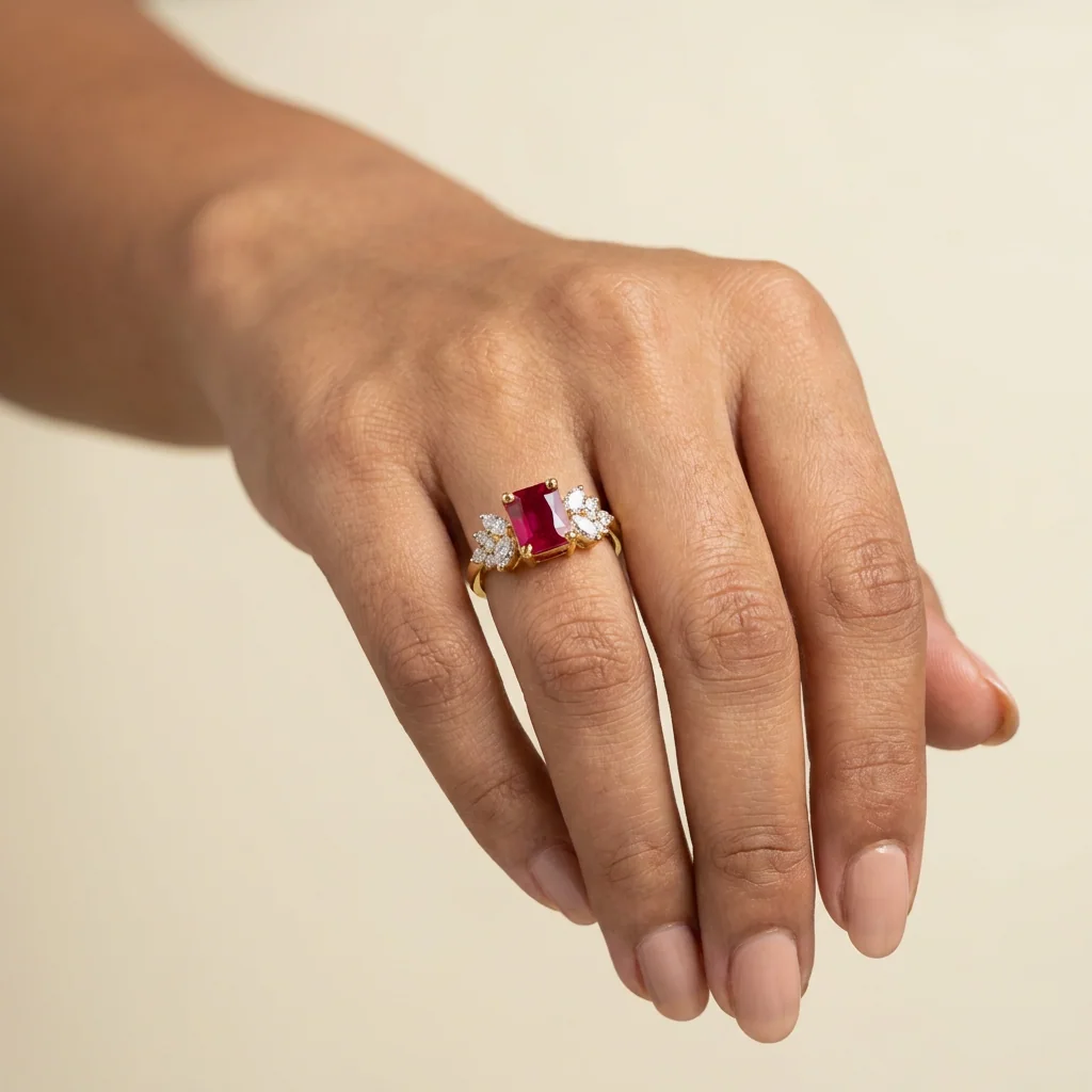 Ruby Three-Stone Ring — on hand