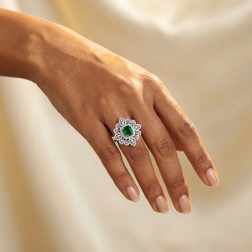 Emerald Filigree Cocktail Ring, view 4 — House of Mina