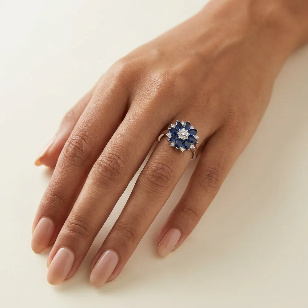 Sapphire Floral Cluster Ring — on hand