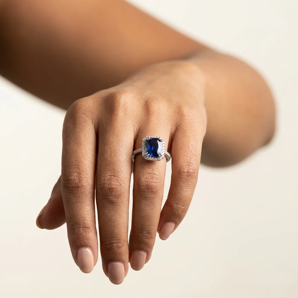Sapphire Halo Ring — on hand