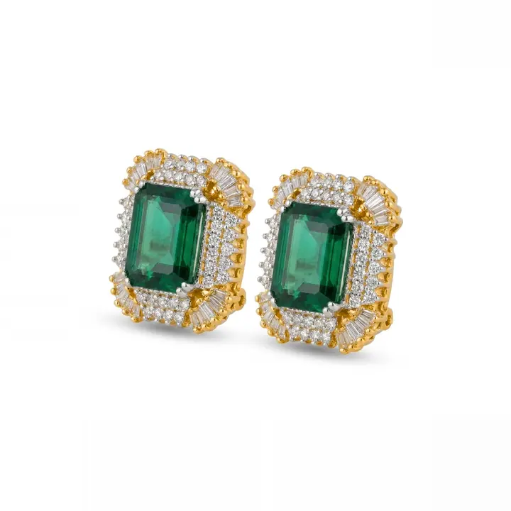 Emerald Baguette Halo Studs — Earrings, House of Mina