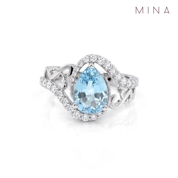 Aqua Pear Filigree Halo Ring — Rings & Bands, House of Mina