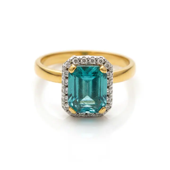 Aqua Emerald-Cut Halo Ring — Rings & Bands, House of Mina