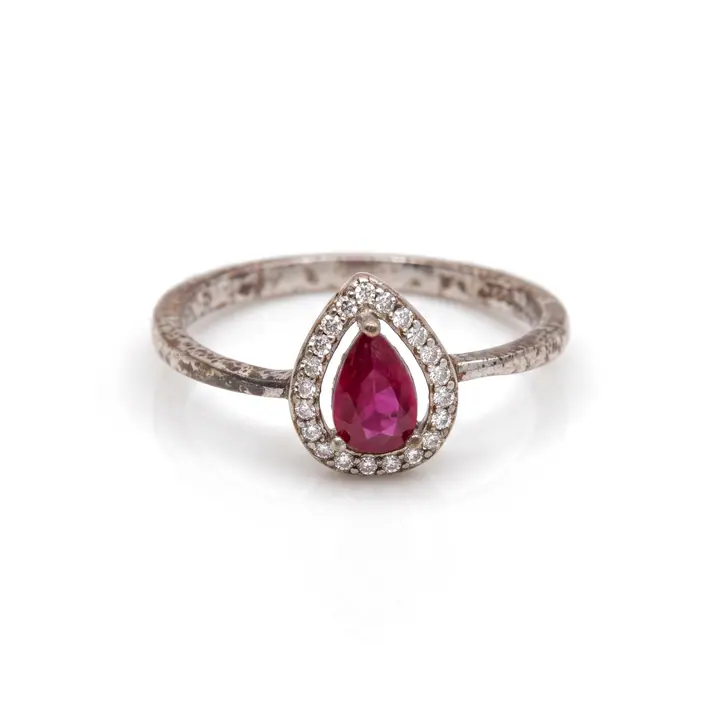 Ruby Pear Halo Ring — Rings & Bands, House of Mina