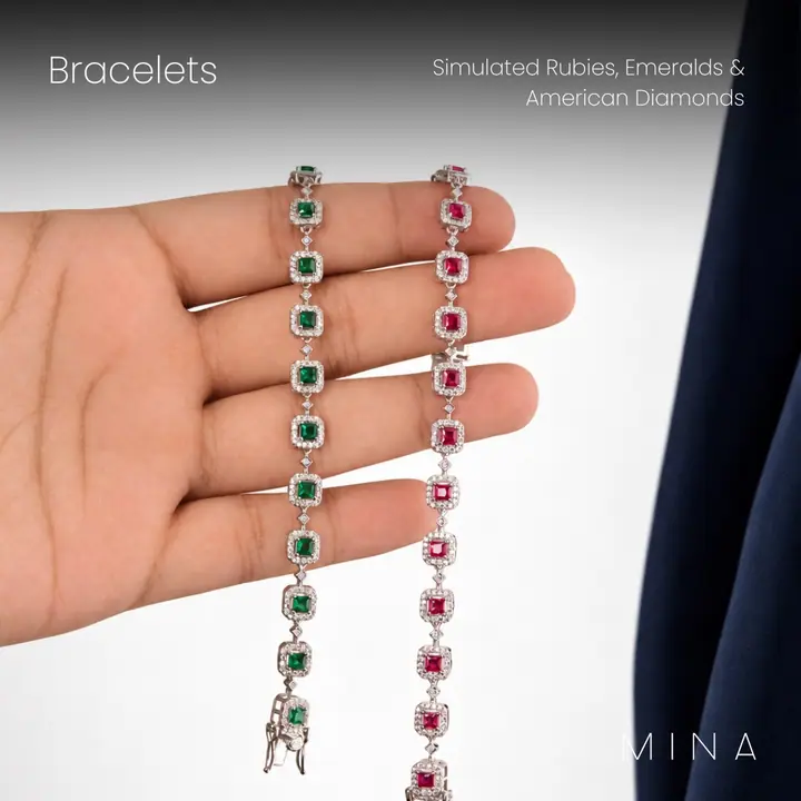 Emerald & Ruby Square Halo Bracelets — Bracelets, House of Mina