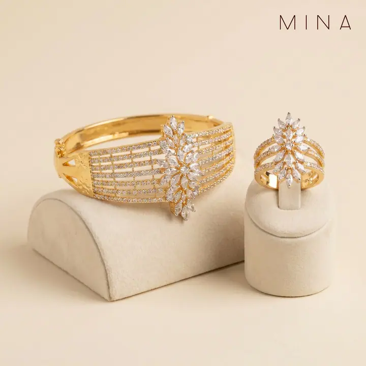 Wide Diamond Bangle & Floral Ring — Wristwear, House of Mina