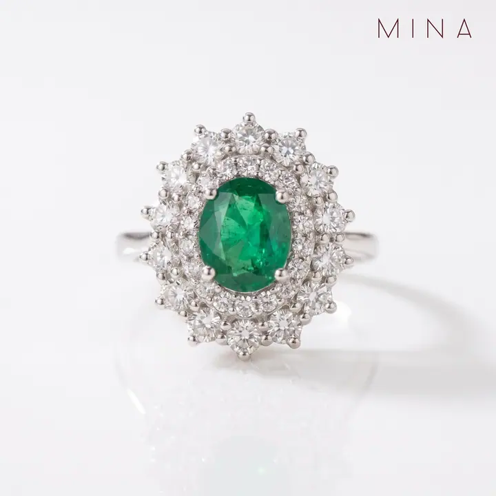 Emerald Oval Blossom Halo Ring — Rings & Bands, House of Mina